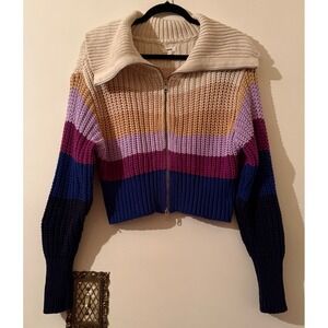 Aerie Oversized Striped Zip Up Cropped Knit Cardigan Sweater Women's Size S